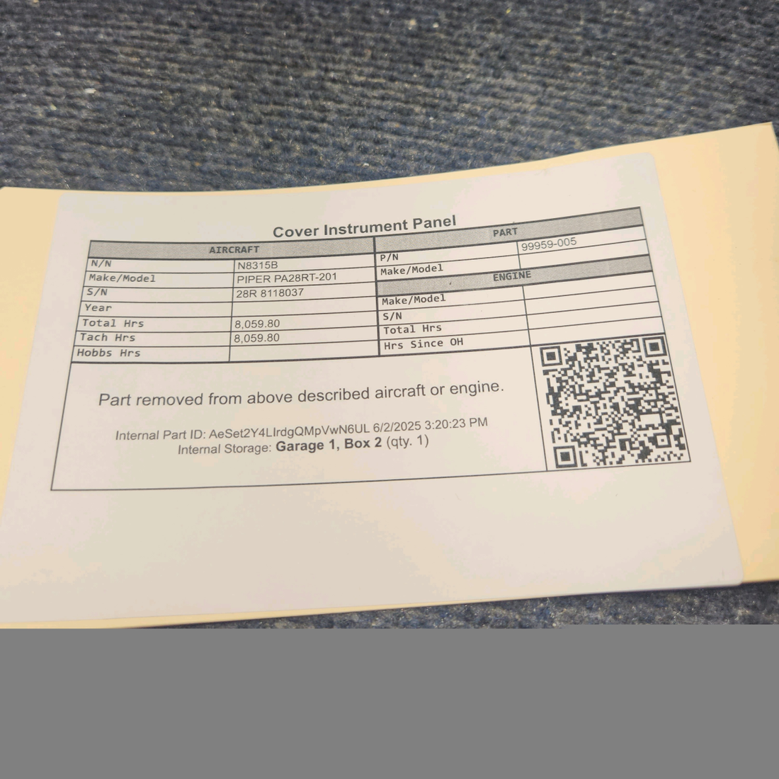 Used aircraft parts for sale, 99959-005 PIPER PA28RT-201 Cover Instrument Panel