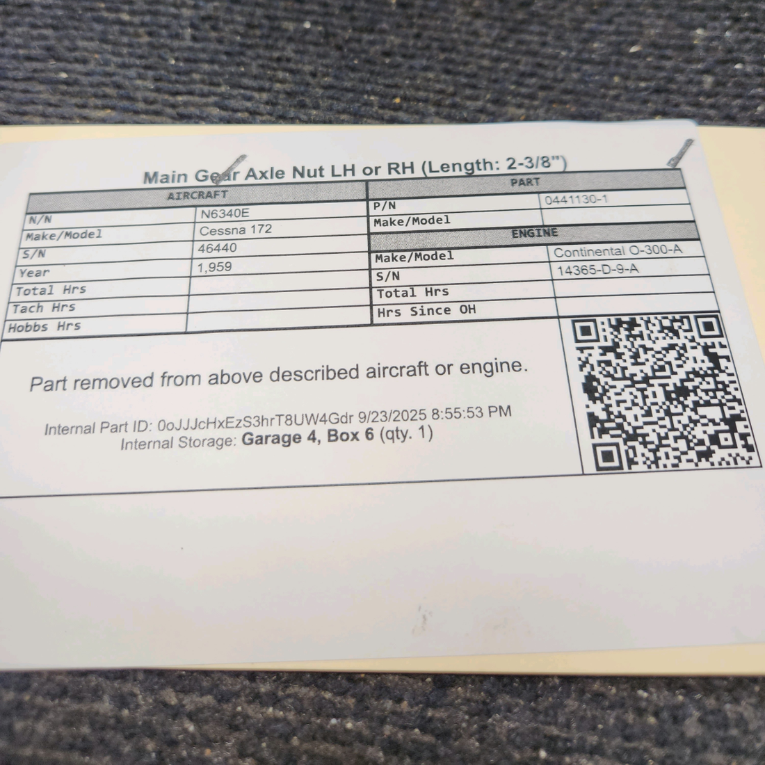 Used aircraft parts for sale, 0441130-1 Cessna 172 Main Gear Axle Nut LH or RH (Length: 2-3/8")