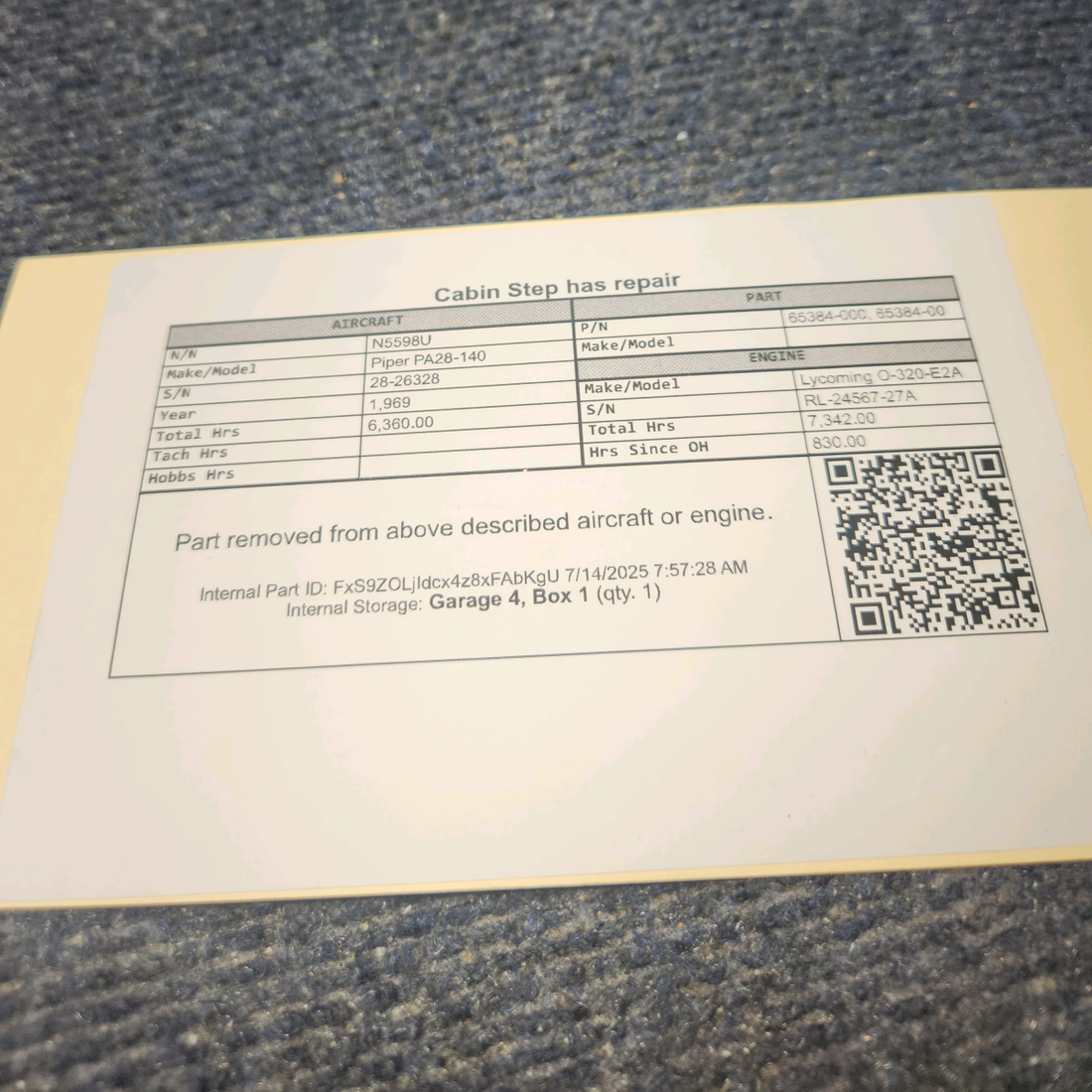 Used aircraft parts for sale, 65384-000 Piper PA28-140 Cabin Step - has repair