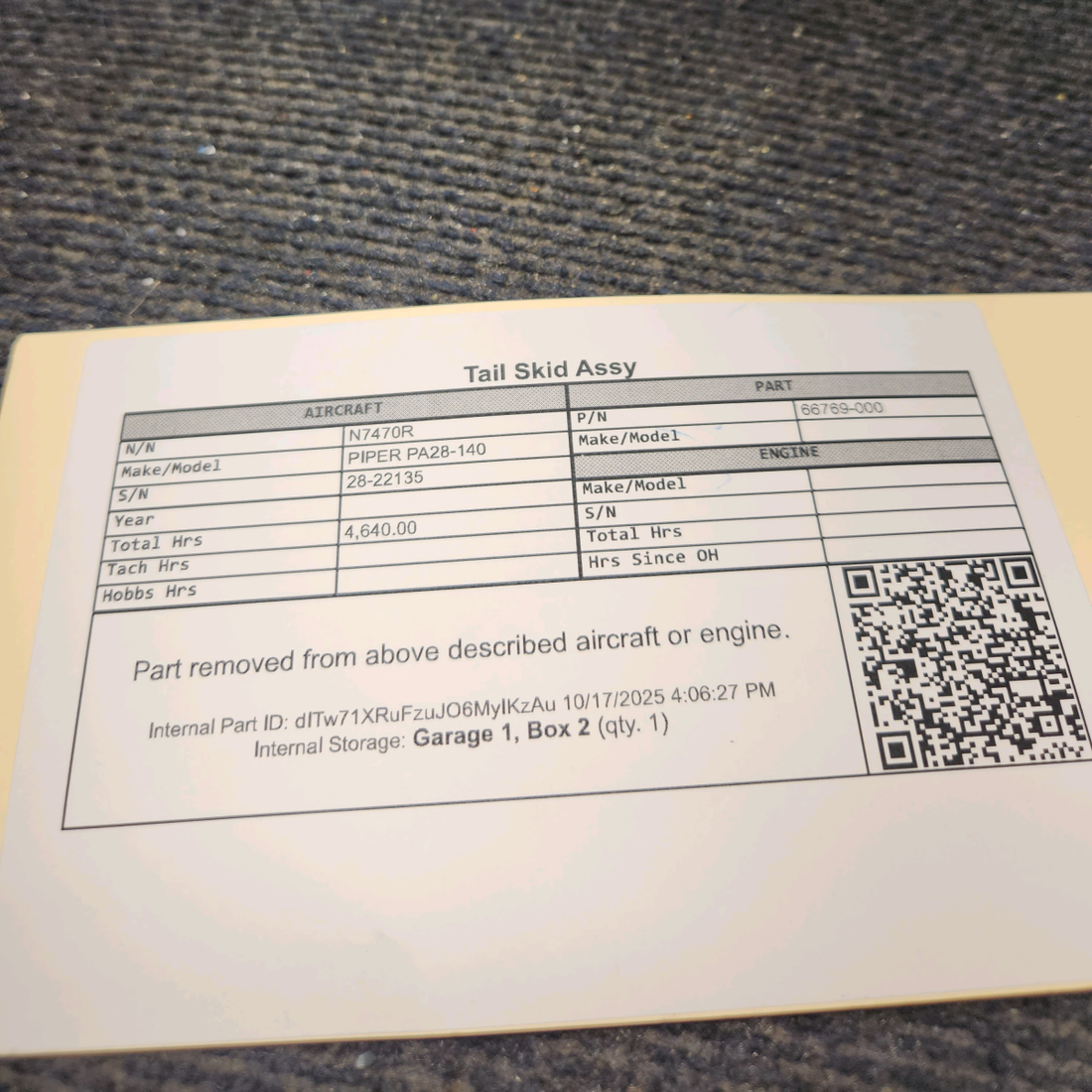 Used aircraft parts for sale, 66769-000 PIPER PA28-140 Tail Skid Assy