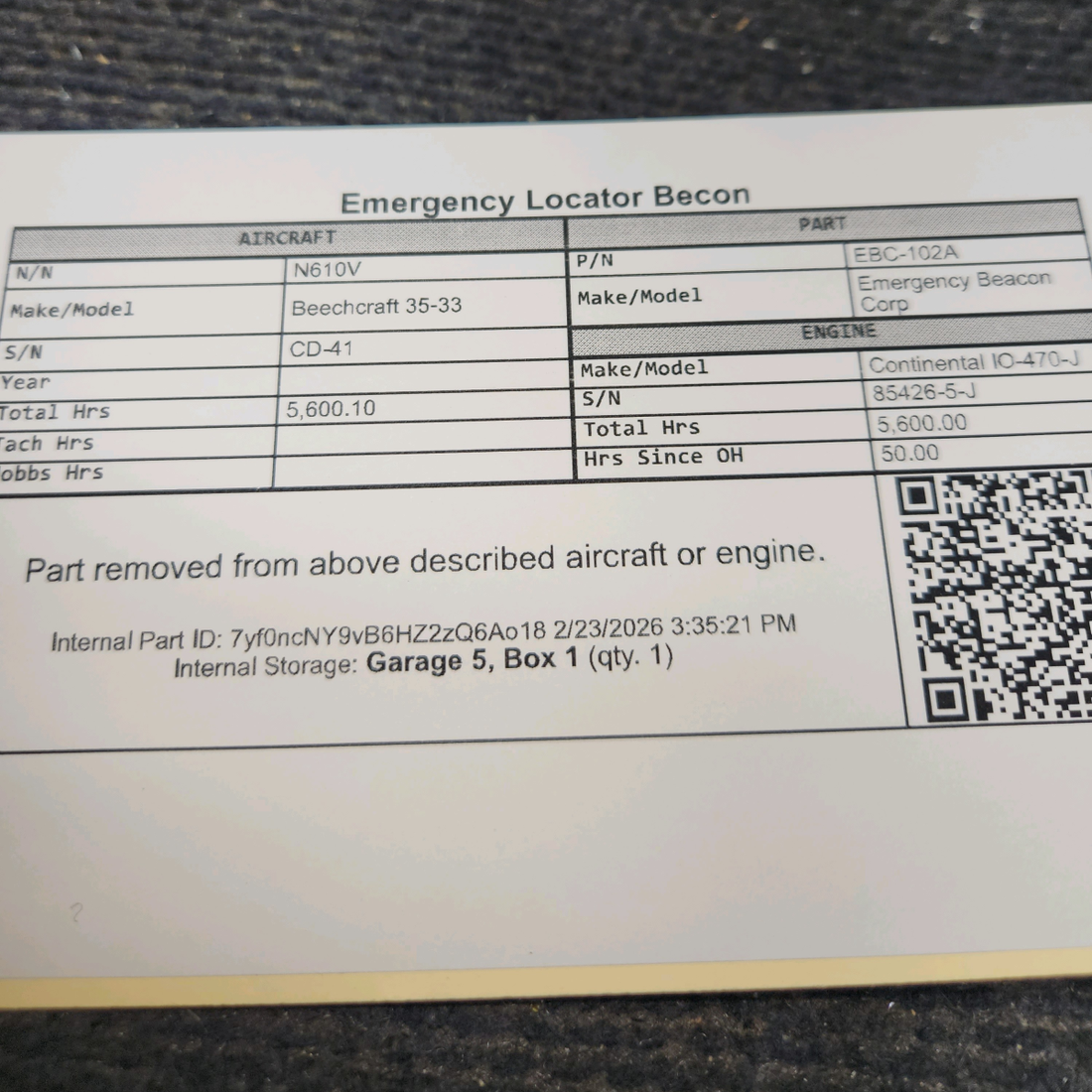 Used aircraft parts for sale, EBC-102A Emergency Beacon Corp Beechcraft 35-33 Emergency Locator Beacon