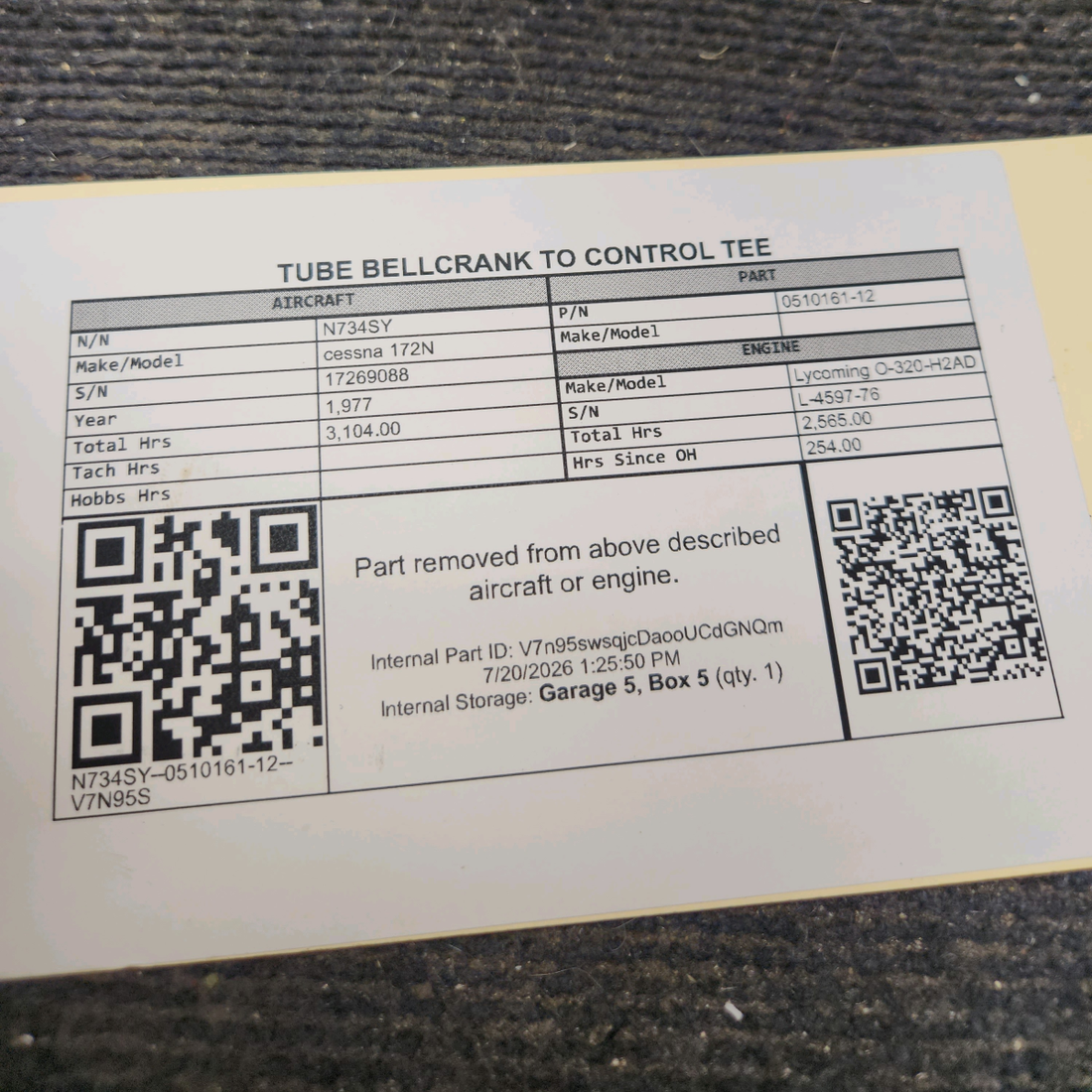 Used aircraft parts for sale, 0510161-12 cessna 172N Bellcrank to Control Tee Tube