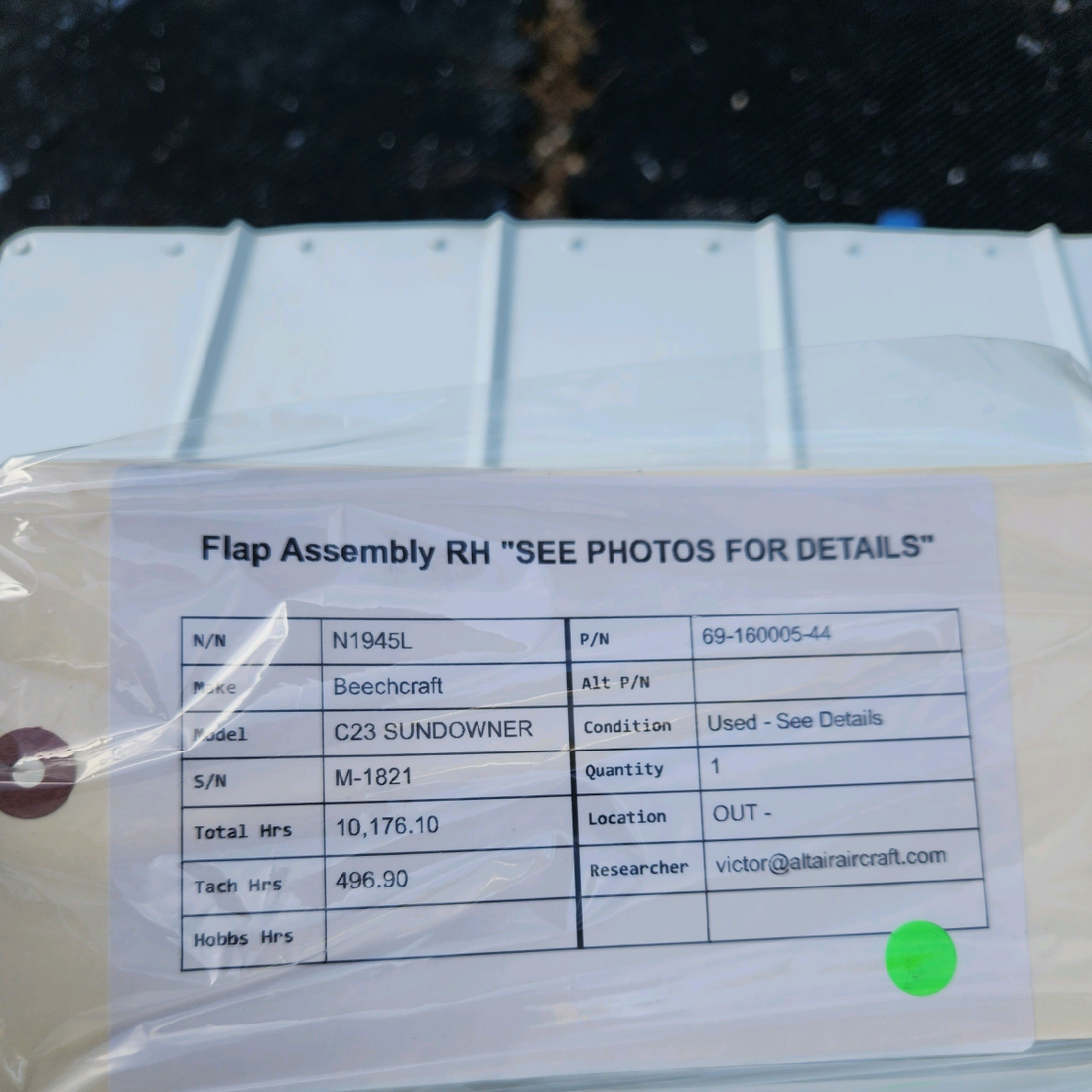 Used aircraft parts for sale, 69-160005-44 Beechcraft C23 SUNDOWNER FLAP ASSEMBLY RH "SEE PHOTOS FOR DETAILS"