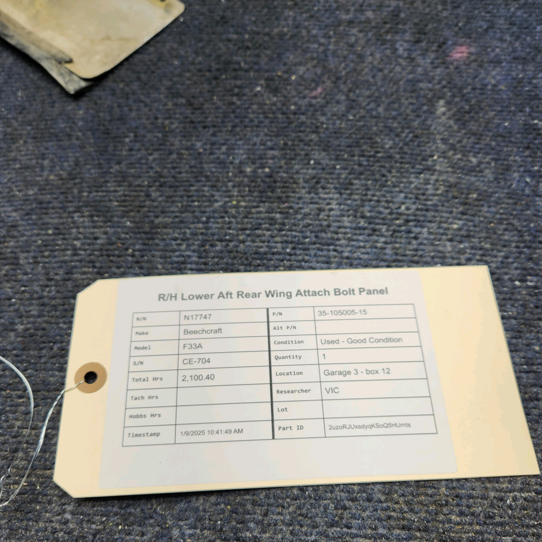 Used aircraft parts for sale, 35-105005-15 Beechcraft F33A R/H LOWER AFT REAR WING ATTACH BOLT PANEL