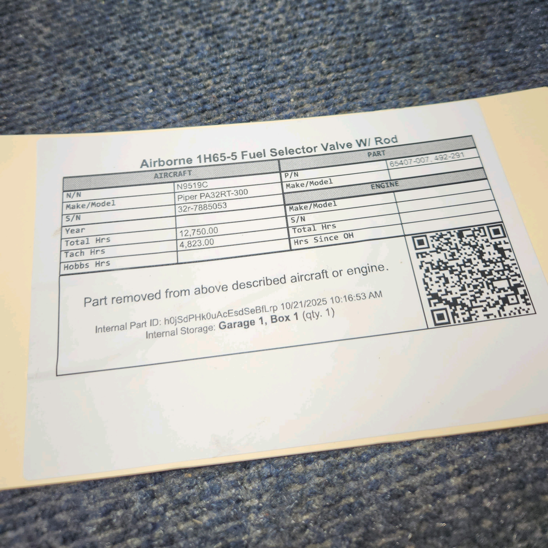 Used aircraft parts for sale, 65407-007 Airborne 1H65-5 Piper PA32RT-300 Fuel Selector Valve with Rod