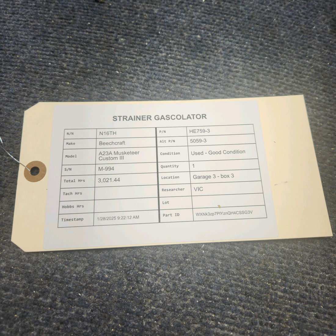 Used aircraft parts for sale, HE759-3 Beechcraft A23A Musketeer Custom III STRAINER GASCOLATOR