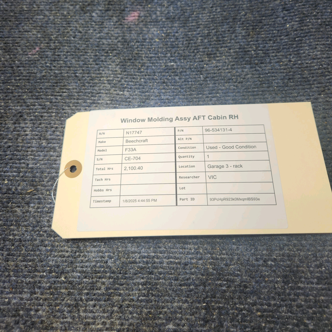 Used aircraft parts for sale, 96-534131-4 Beechcraft F33A WINDOW MOLDING ASSY AFT CABIN RH