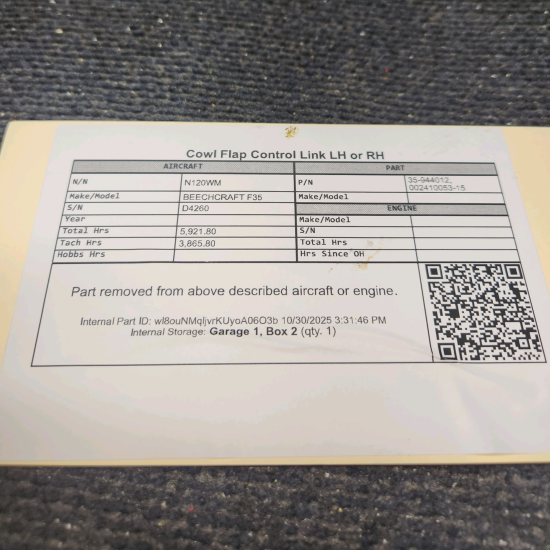 Used aircraft parts for sale, 35-944012 BEECHCRAFT F35 Cowl Flap Control Link - LH or RH