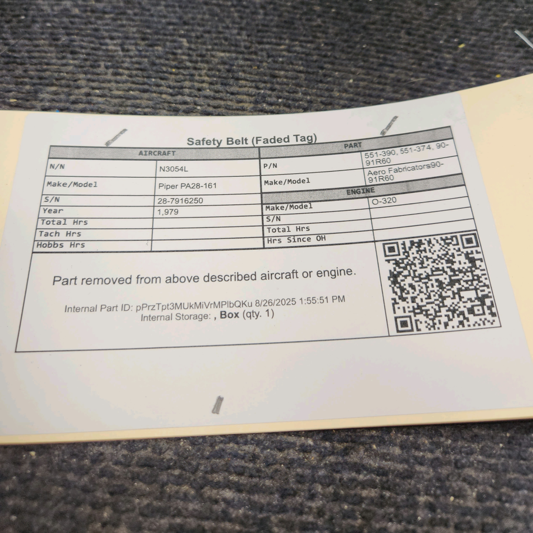 Used aircraft parts for sale, 551-390, 551-374 Aero Fabricators 90-91R60 Piper PA28-161 Safety Belt (Faded Tag)