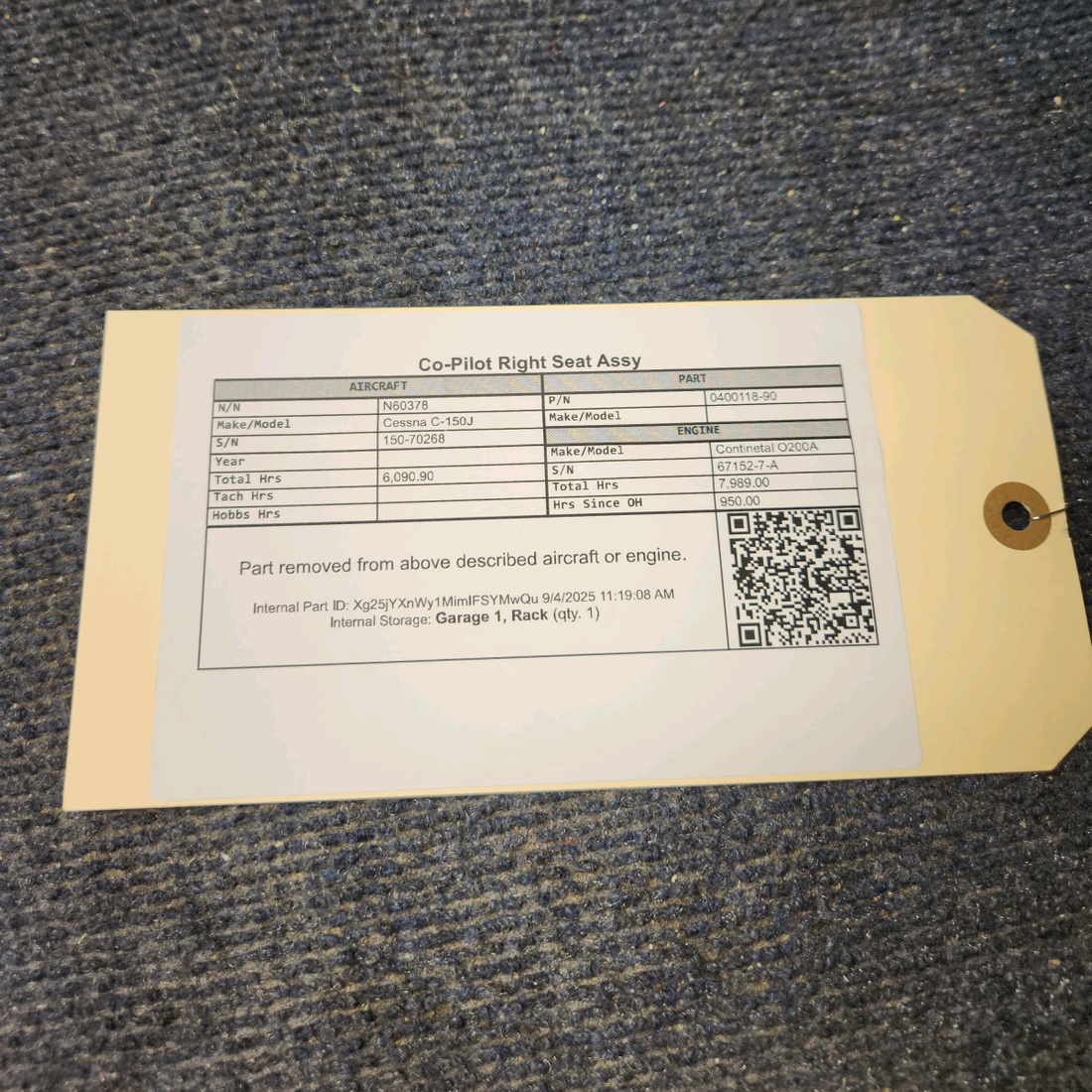 Used aircraft parts for sale, 0400118-90 Cessna C-150J Co-Pilot Right Seat Assy