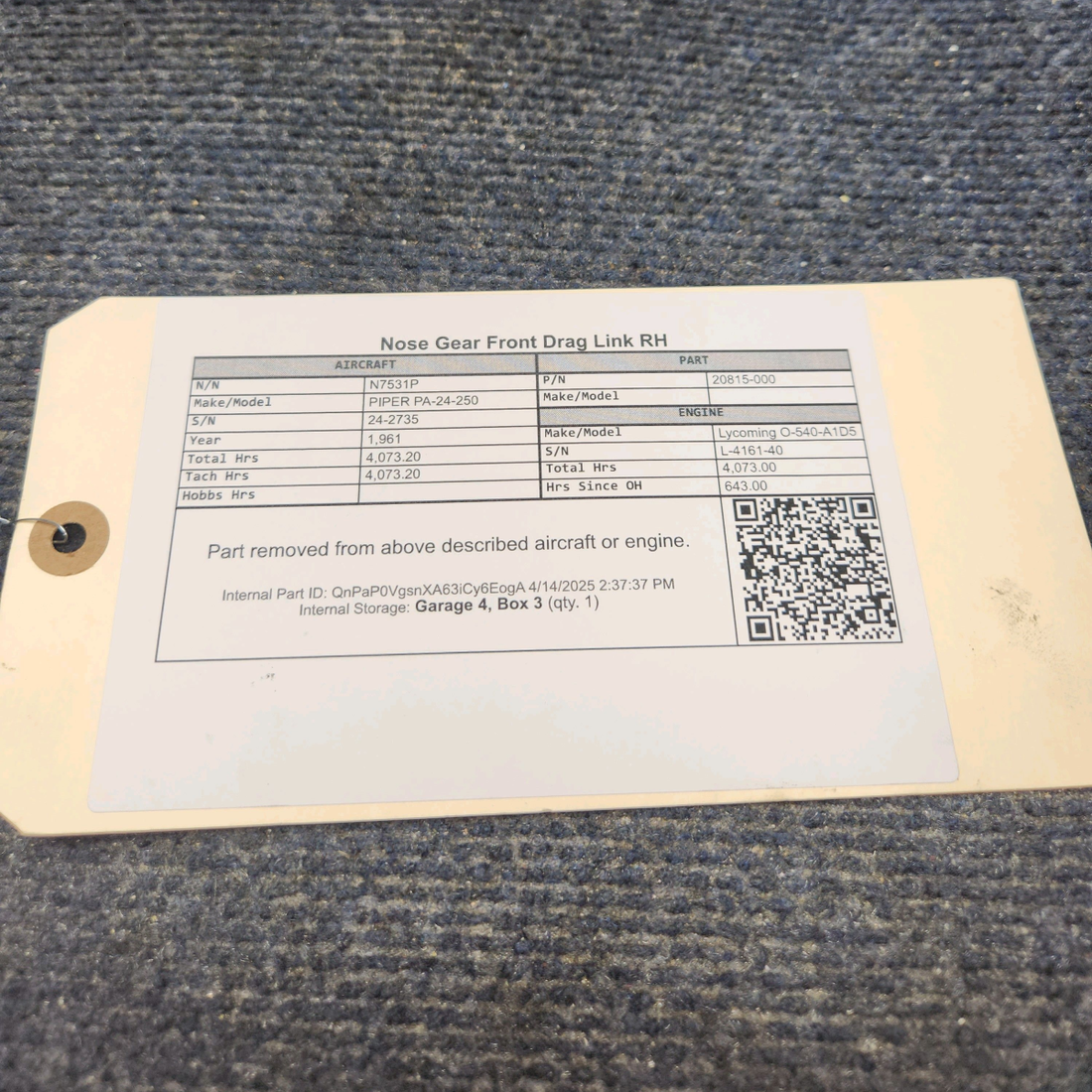 Used aircraft parts for sale, 20815-000 PIPER PA-24-250 Nose Gear Front Drag Link RH