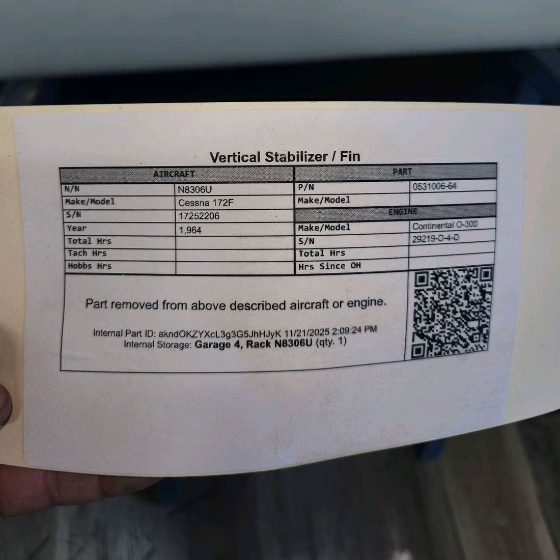 Used aircraft parts for sale, 0531006-64 Cessna 172F Vertical Stabilizer/Fin