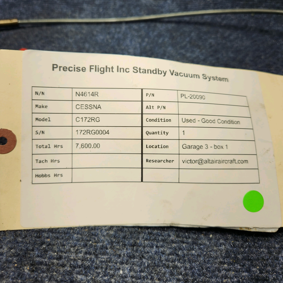 Used aircraft parts for sale, PL-20090 Precise Flight Inc CESSNA C172RG STANDBY VACUUM SYSTEM
