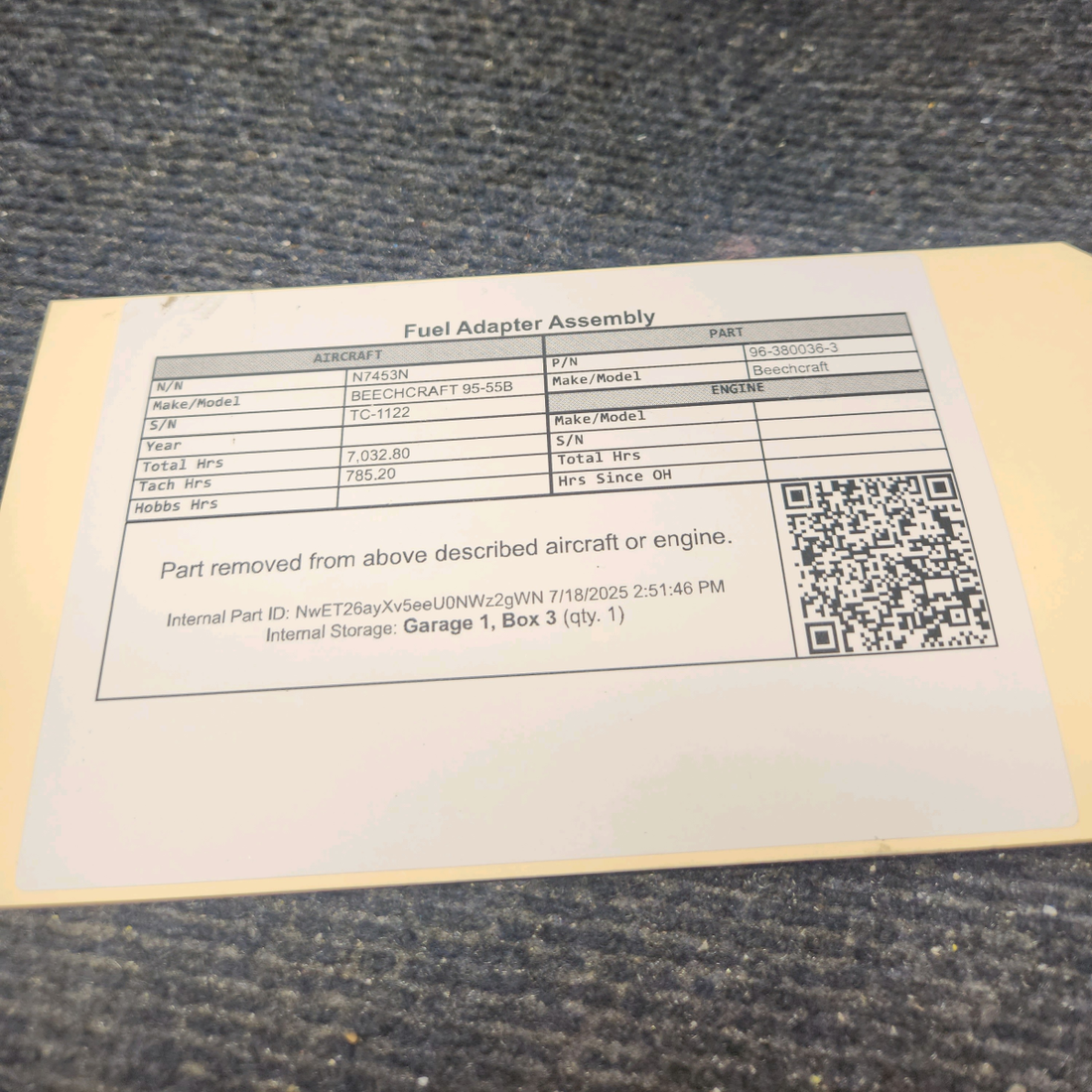 Used aircraft parts for sale, 96-380036-3 BEECHCRAFT 95-55B Fuel Adapter Assembly