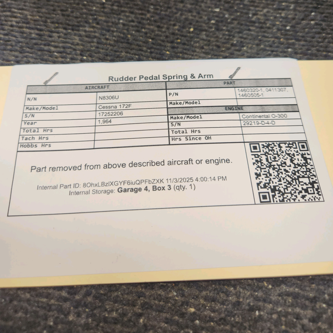 Used aircraft parts for sale, 1460320-1, 0411307, 1460505-1 Cessna 172F Rudder Pedal Spring & Arm