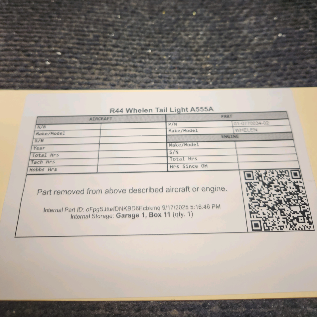 Used aircraft parts for sale, 01-0770034-02 WHELEN R44 Tail Light Assembly