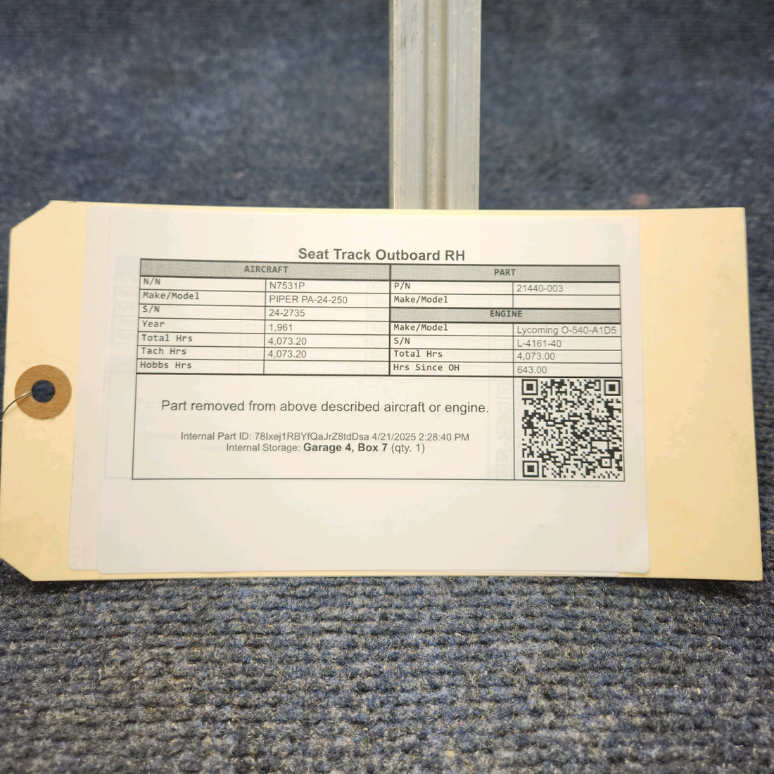 Used aircraft parts for sale, 21440-003 PIPER PA-24-250 Seat Track Outboard RH