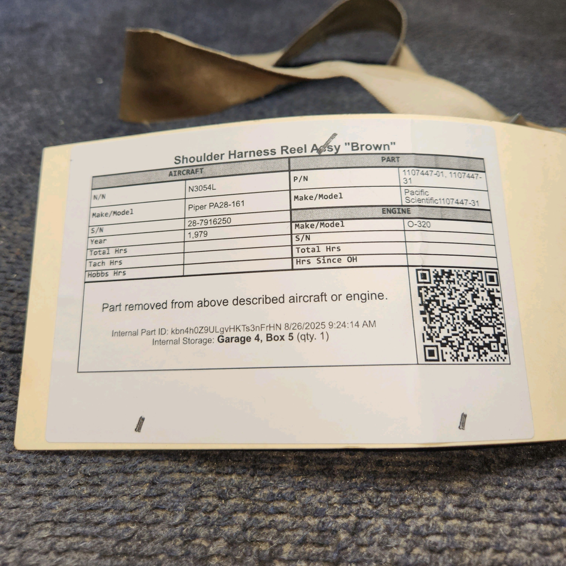 Used aircraft parts for sale, 1107447-01 Pacific Scientific 1107447-31 Piper PA28-161 Shoulder Harness Reel Assembly (Brown)