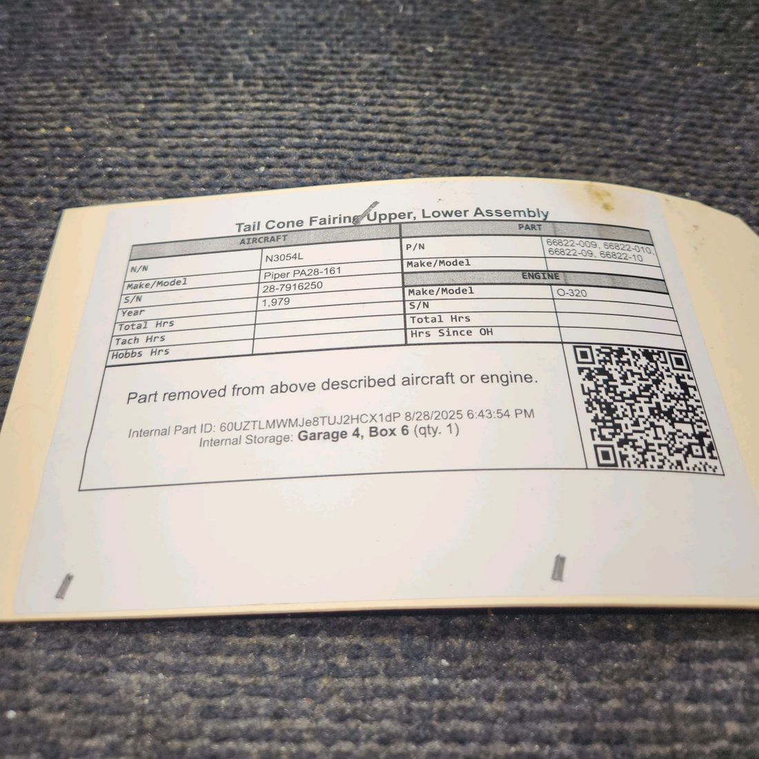 Used aircraft parts for sale, 66822-009, 66822-010 Piper PA28-161 Tail Cone Fairing Upper, Lower Assembly