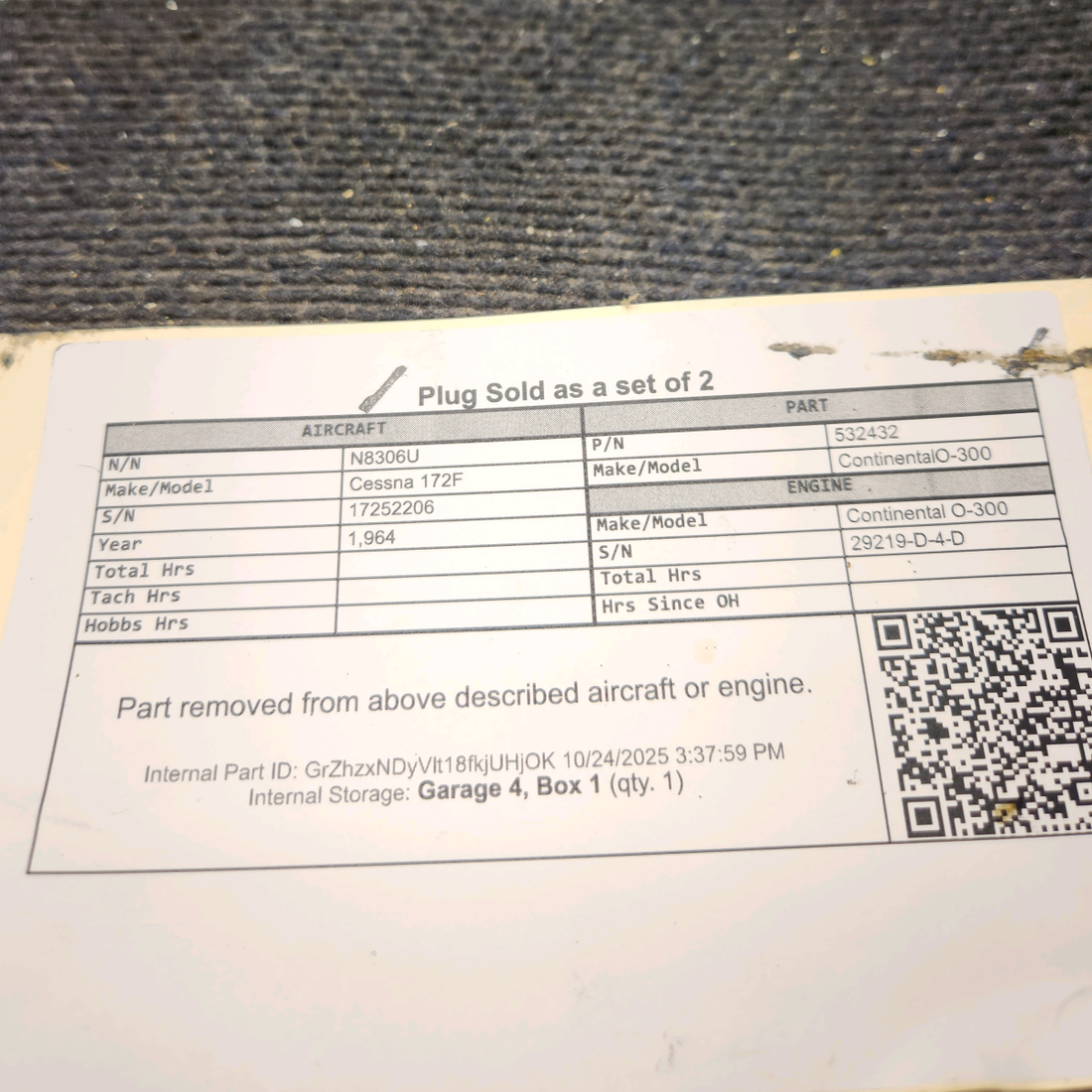 Used aircraft parts for sale, 532432 Continental O-300-D Cessna 172F Plug Sold as a set of 2