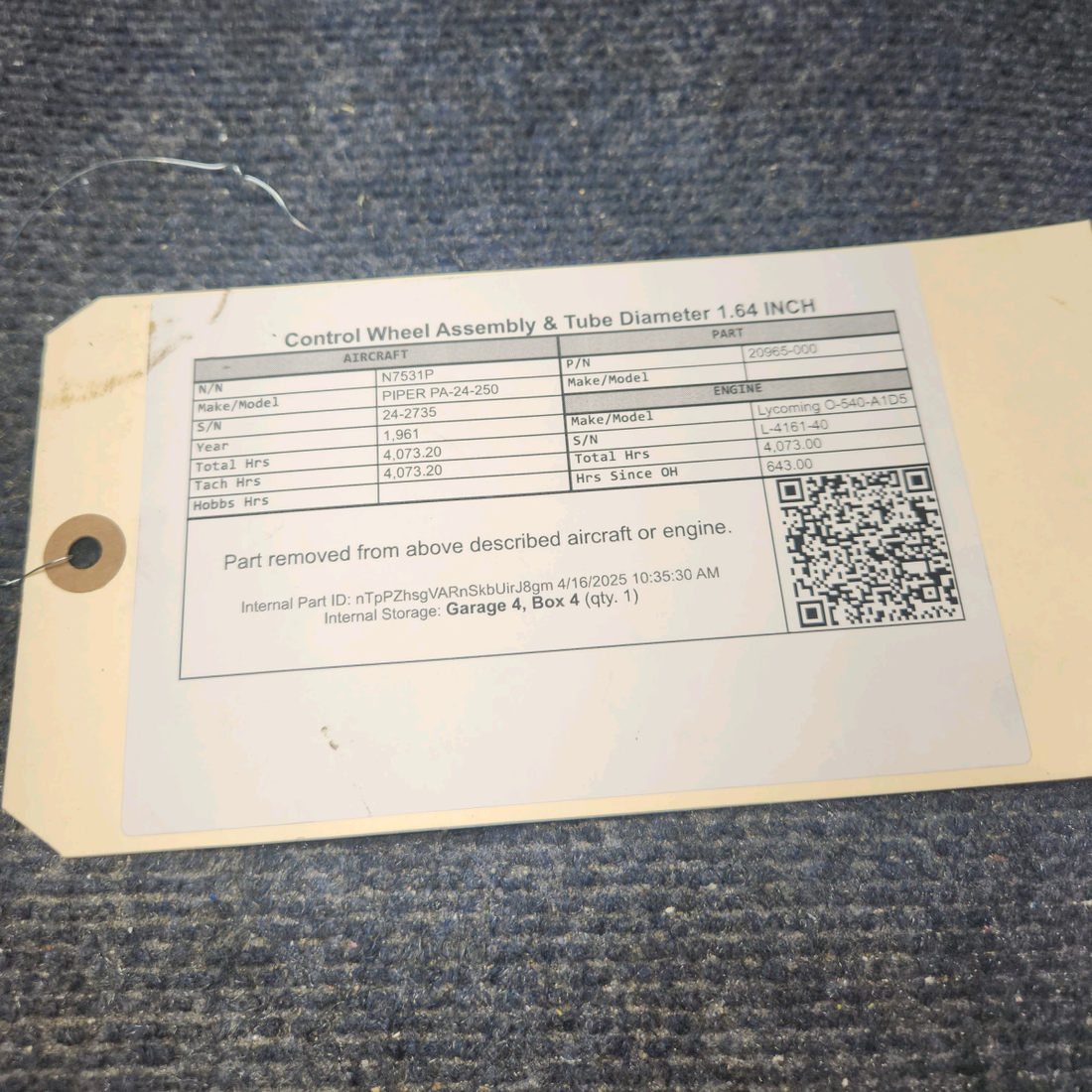 Used aircraft parts for sale, 20965-000 PIPER PA-24-250 Control Wheel Assembly & Tube Diameter 1.64 INCHES