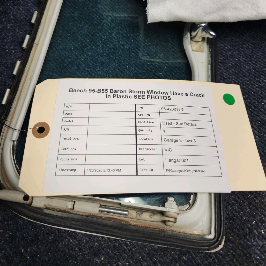 Used aircraft parts for sale, 96-420011-7 Beechcraft 95-B55 Baron STORM WINDOW HAVE A CRACK IN PLASTIC SEE PHOTOS