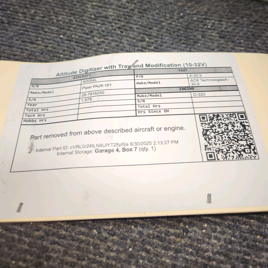 Used aircraft parts for sale, A-30.9 ACK Technologies A-30.9 Piper PA28-161 Altitude Digitizer with Tray and Modification (10-32V)
