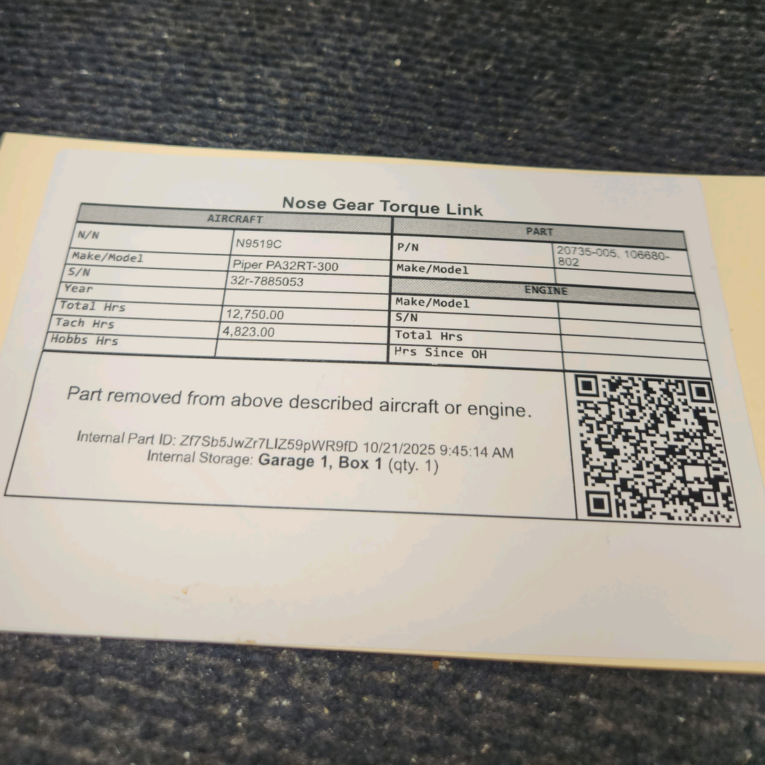 Used aircraft parts for sale, 20735-005 Piper PA32RT-300 Nose Gear Torque Link
