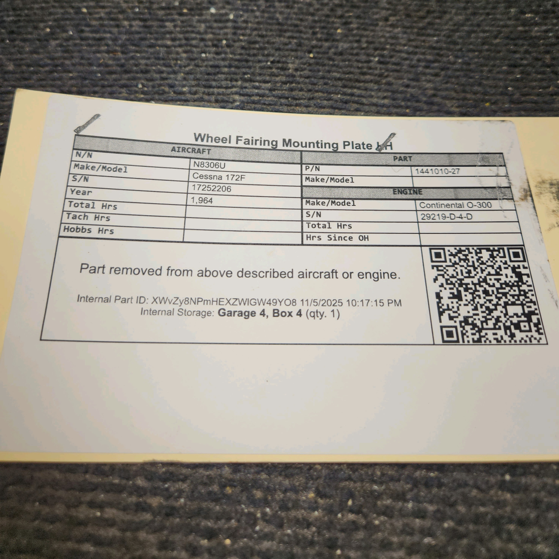 Used aircraft parts for sale, 1441010-27 Cessna 172F Wheel Fairing Mounting Plate - LH