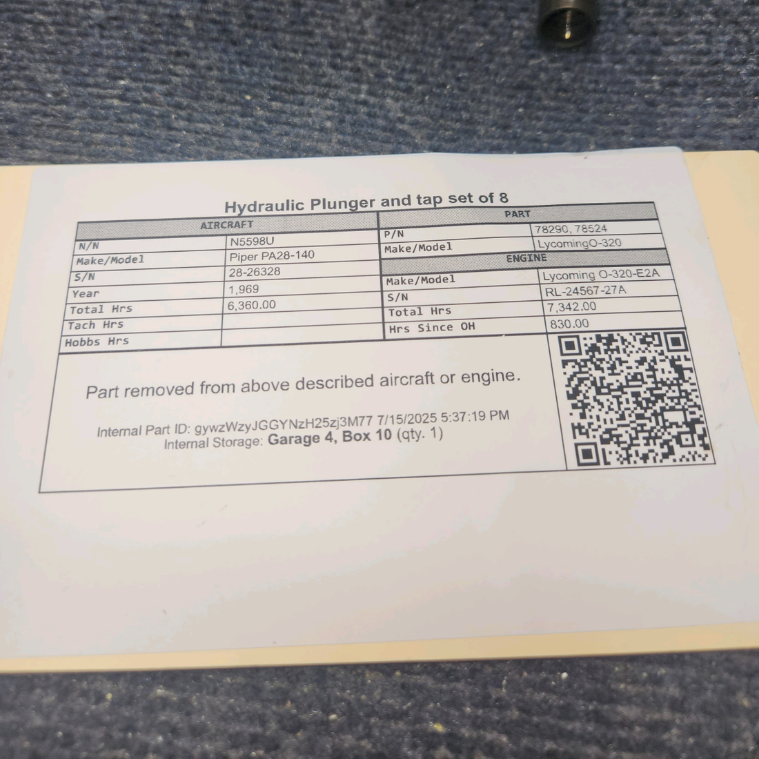 Used aircraft parts for sale, 78290, 78524 Lycoming O-320 Piper PA28-140 Hydraulic Plunger and Tap - Set of 8