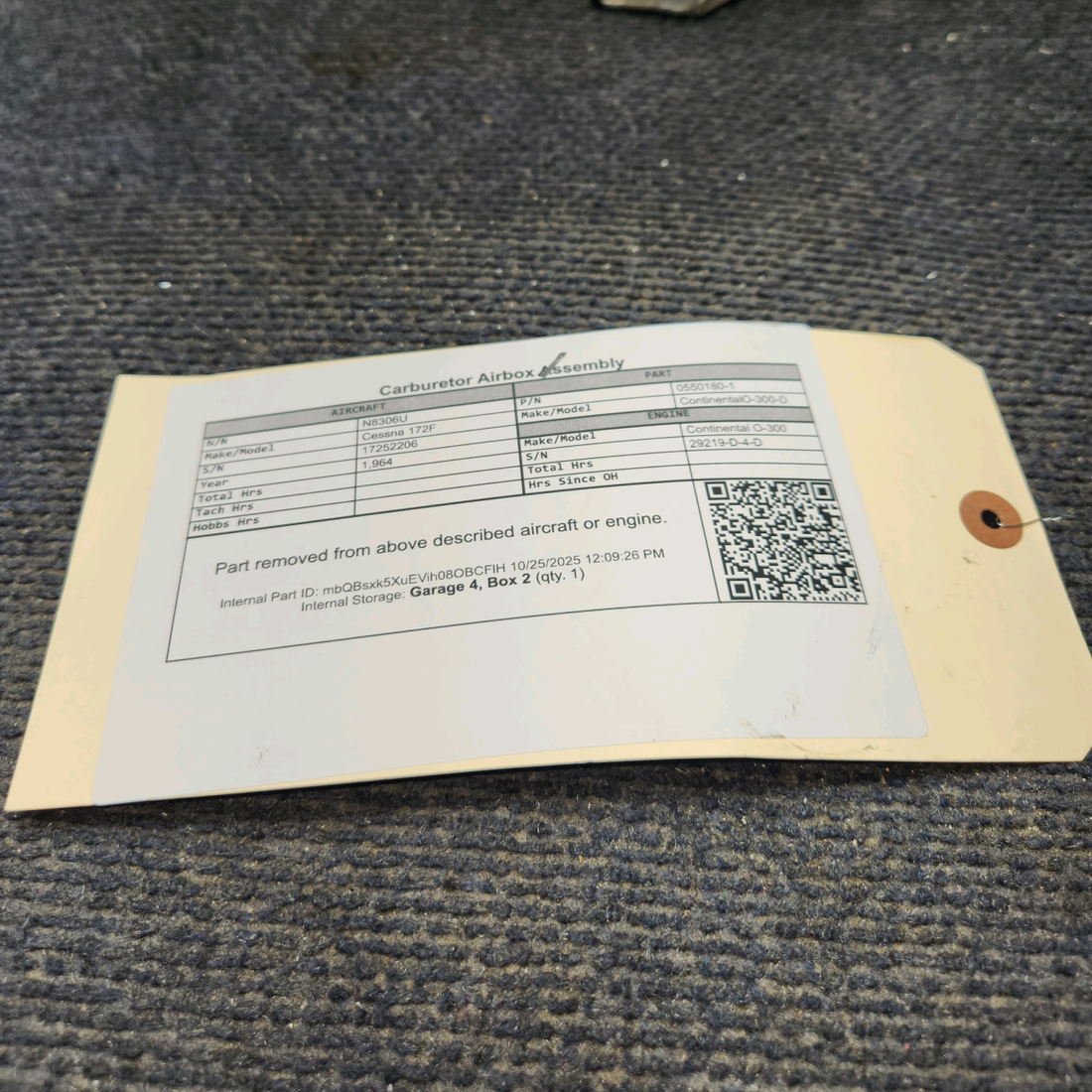 Used aircraft parts for sale, 0550180-1 Continental O-300-D Cessna 172F Carburetor Airbox Assembly