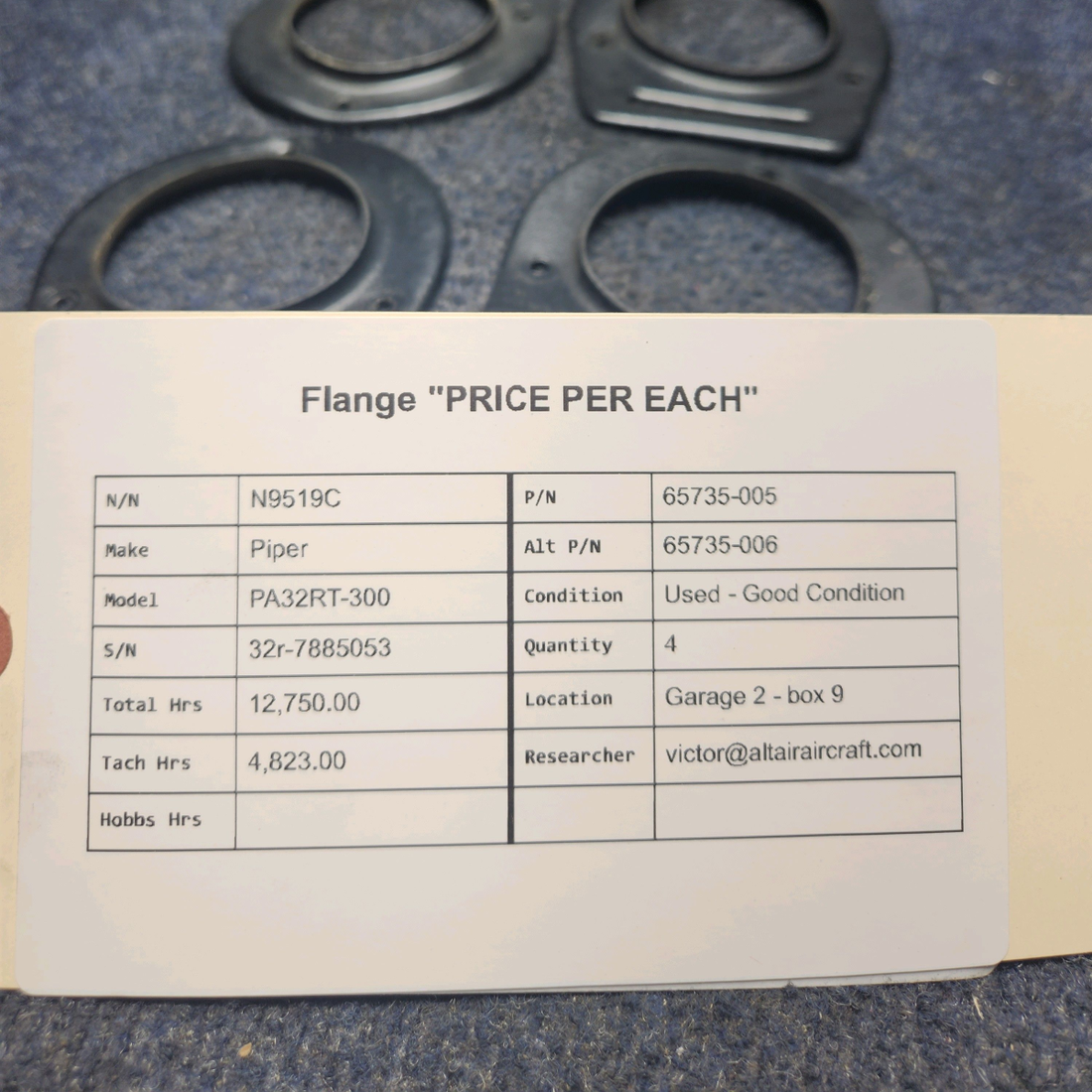Used aircraft parts for sale, 65735-005 Piper PA32RT-300 FLANGE "PRICE PER EACH"