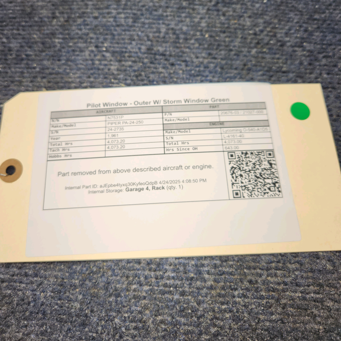 Used aircraft parts for sale, 20676-03 / 21027-000 PIPER PA-24-250 Pilot Window - Outer W/ Storm Window Green
