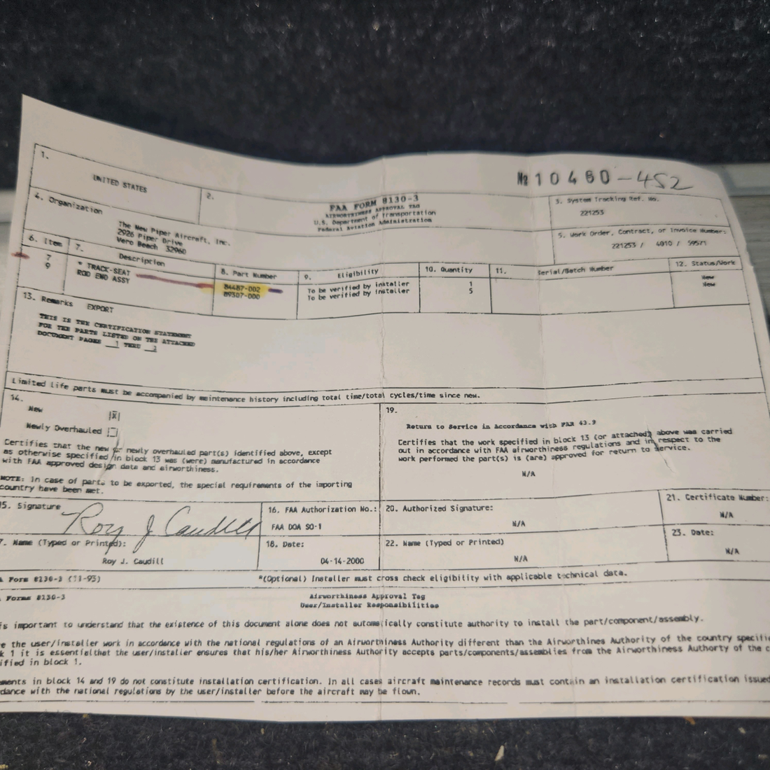 Used aircraft parts for sale, 84487-002 Piper PA-46 Seat Track Length: 23.25”