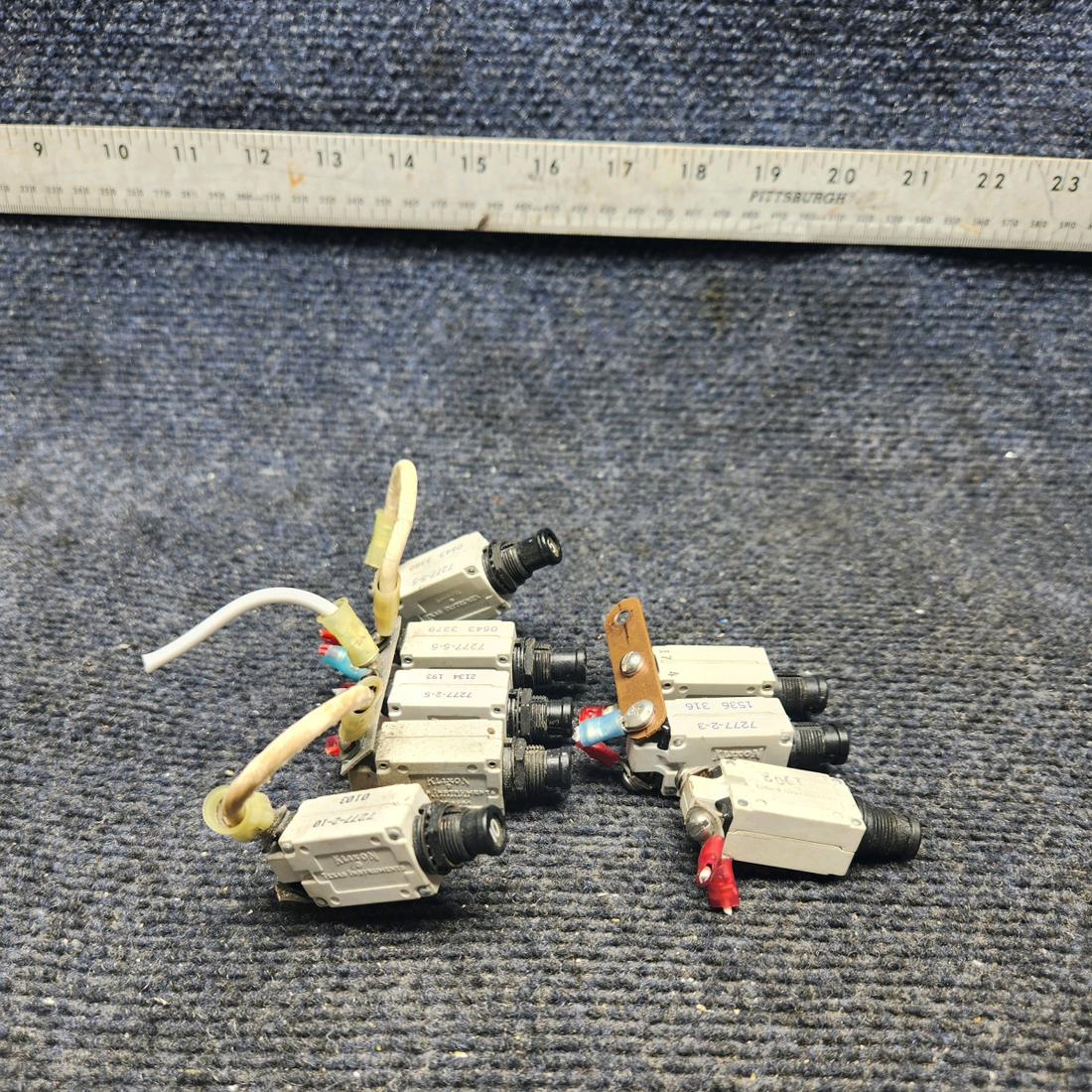Used aircraft parts for sale, 7277-2-3, 7277-2-5 klixon 7277 Series Beechcraft A23A Musketeer Custom III KLIXON PUSH CIRCUIT BREAKER (SET OF 8)  (4-5A0 (2-3A) (1-7A) (1-10A)