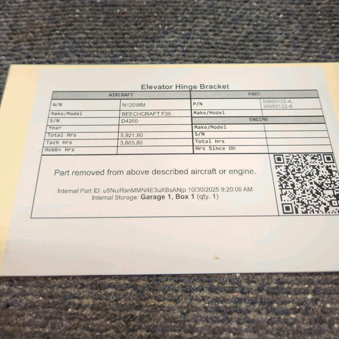 Used aircraft parts for sale, 35-650122-4 BEECHCRAFT F35 Elevator Hinge Bracket