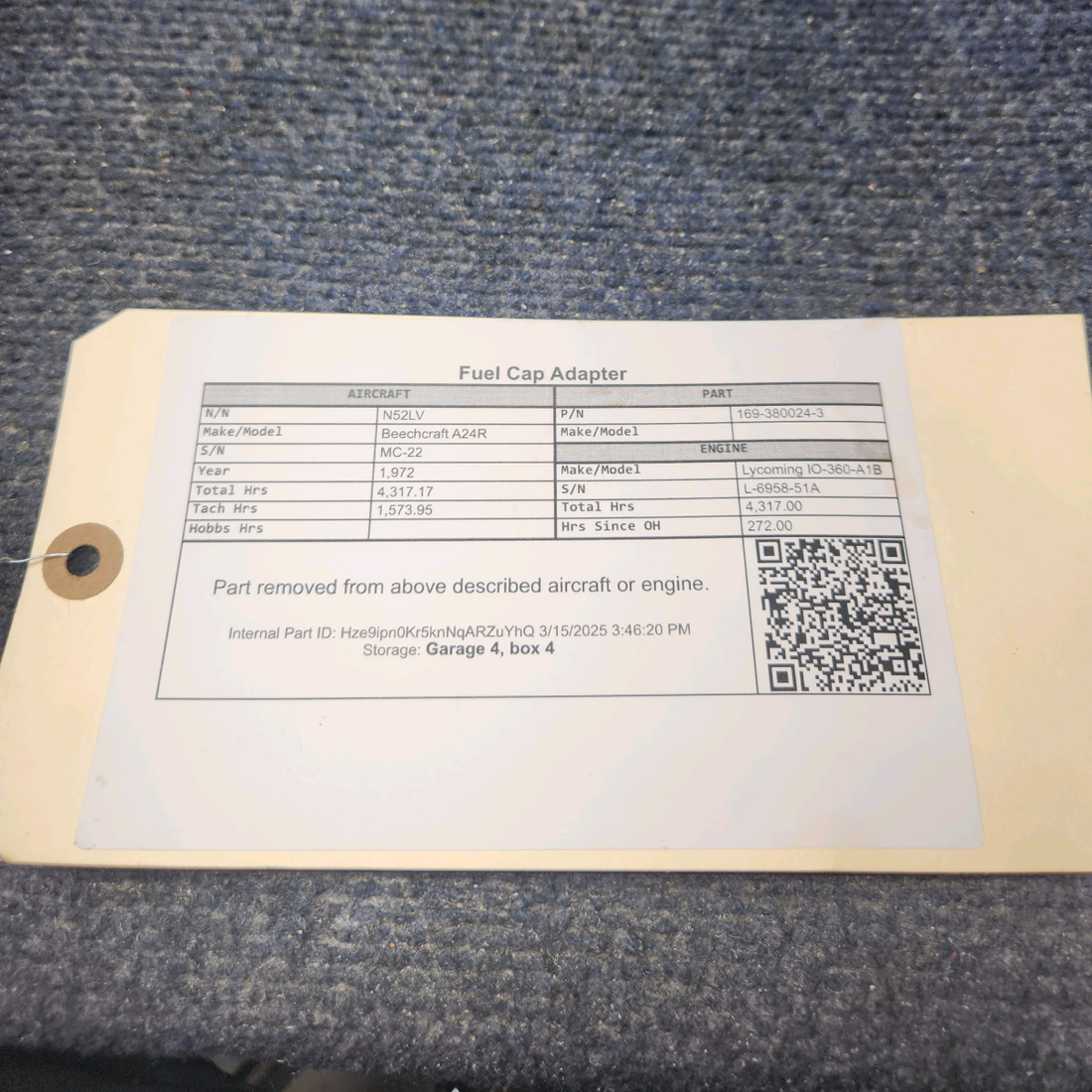 Used aircraft parts for sale, 169-380024-3 Beechcraft A24R Fuel Cap Adapter