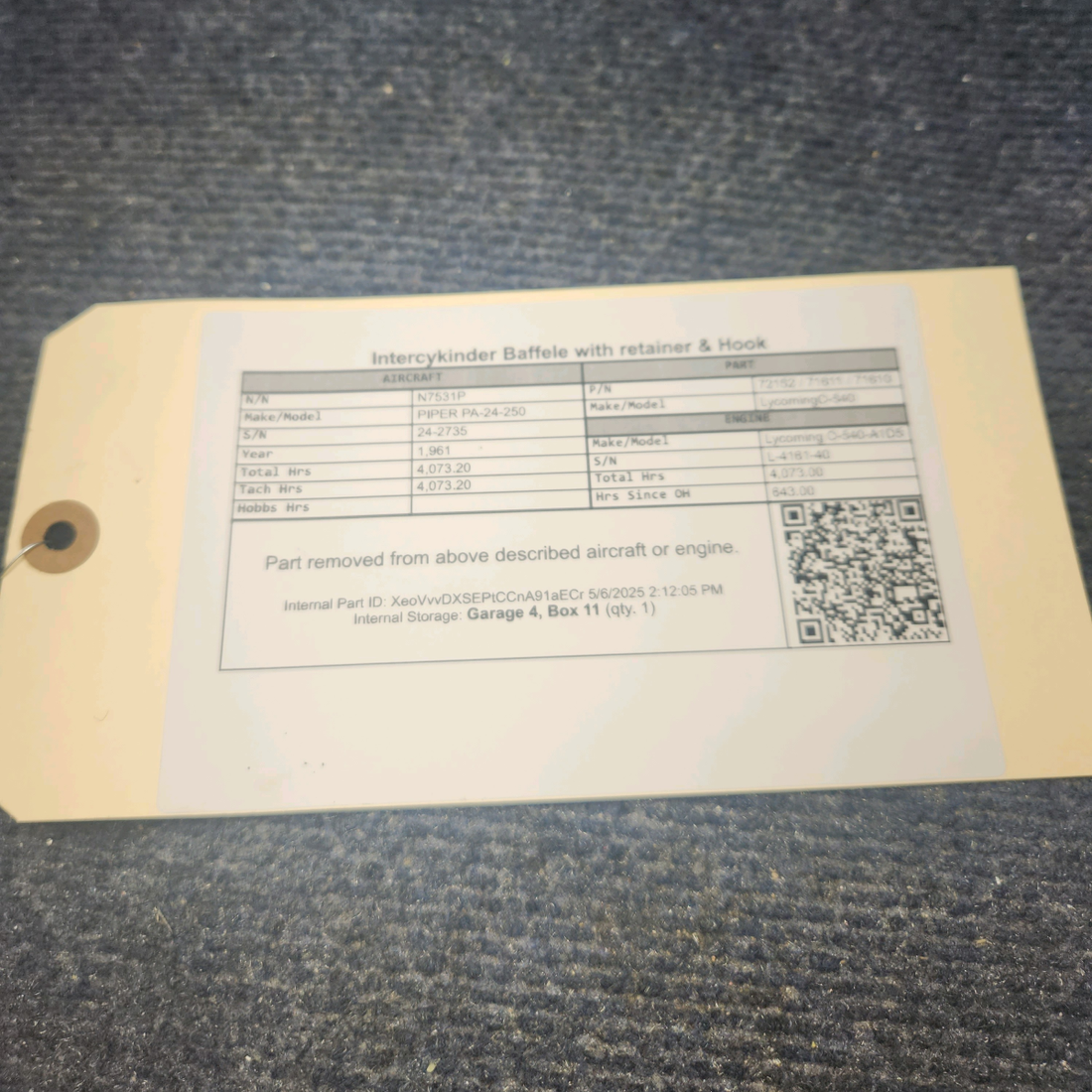 Used aircraft parts for sale, 72152 / 71611 / 71610 Lycoming O-540 PIPER PA-24-250 Intercylinder Baffele with retainer  & Hook