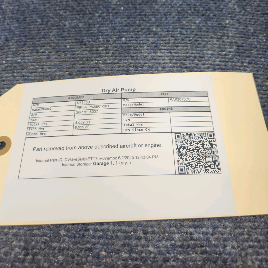 Used aircraft parts for sale, 215CC Rapco PIPER PA28RT-201 Dry Air Pump