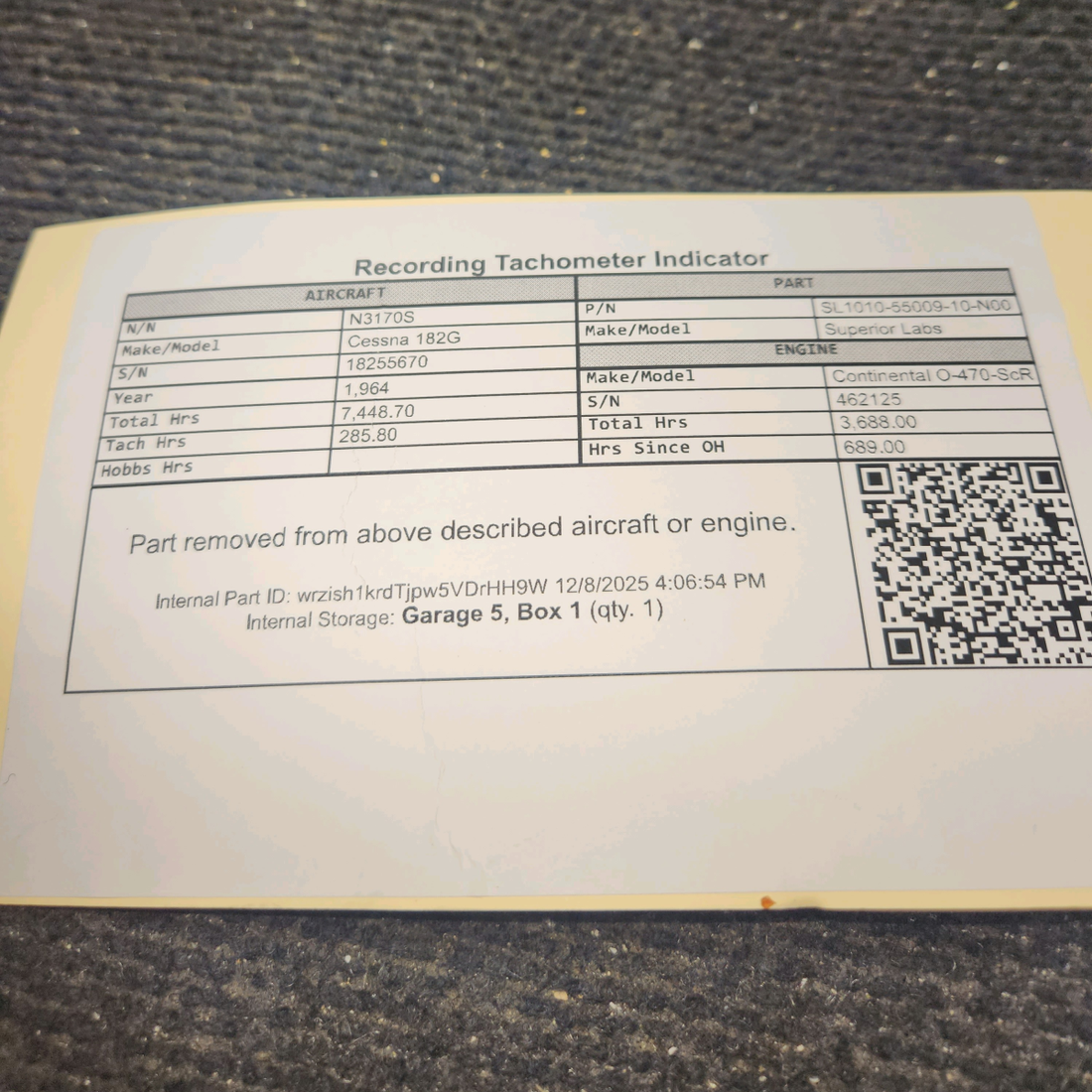Used aircraft parts for sale, SL1010-55009-10-N00 Superior Labs Cessna 182G Recording Tachometer Indicator