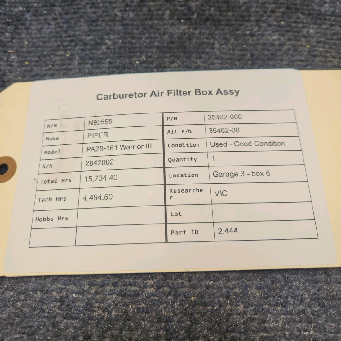 Used aircraft parts for sale, 35462-000 PIPER PA28-161 Warrior III CARBURETOR AIR FILTER BOX ASSY