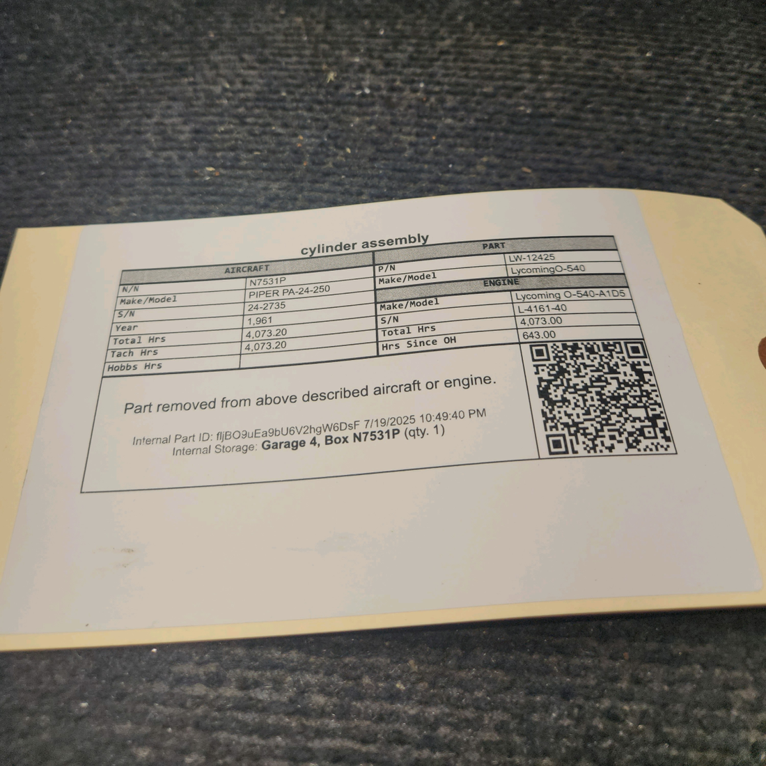 Used aircraft parts for sale, LW-12425 Lycoming O-540 PIPER PA-24-250 Nitrided Cylinder Assembly