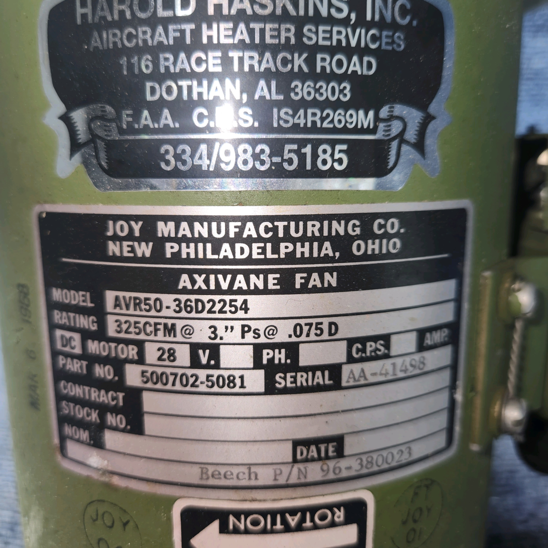 Used aircraft parts for sale, 500702-5081 Joy Manufacturing BEECHCRAFT 95-55B Axivane Heater Fan Motor 28 V