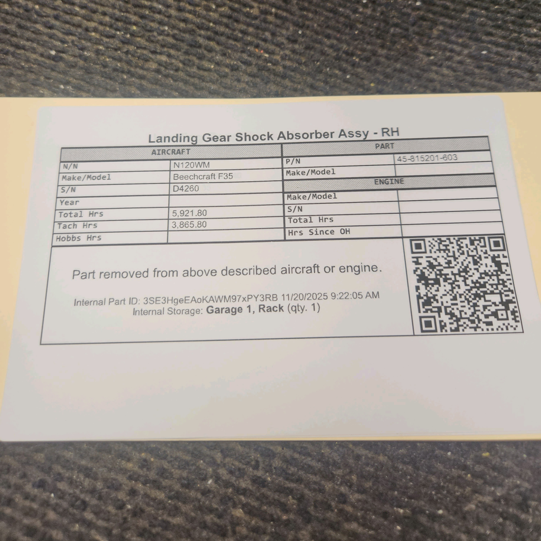 Used aircraft parts for sale, 45-815201-603 Beechcraft F35 Landing Gear Shock Absorber Assy - RH