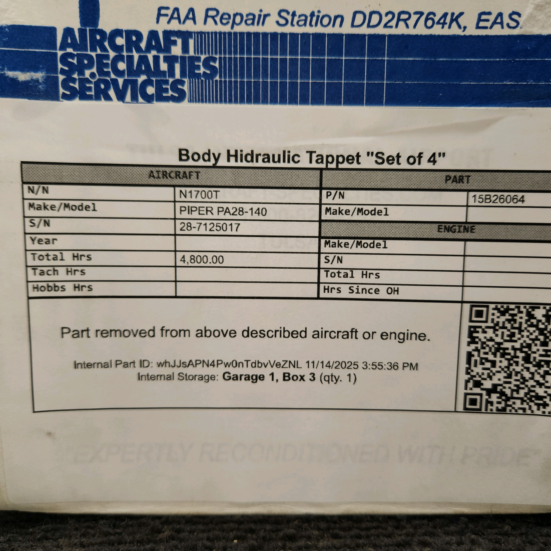 Used aircraft parts for sale, 15B26064 Lycoming O-320 PIPER PA28-140 Body Hidraulic Tappet "Set of 4"