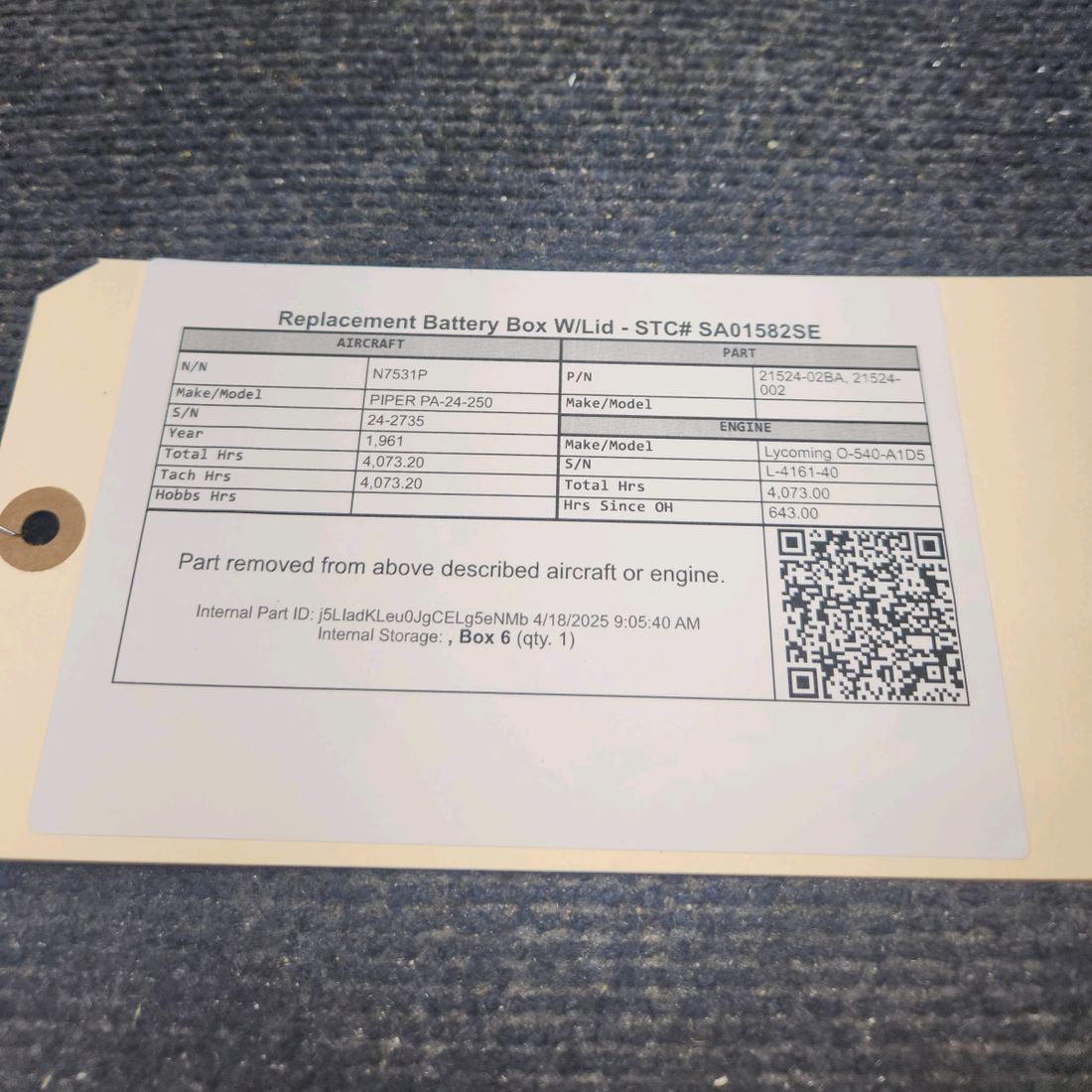Used aircraft parts for sale, 21524-02BA Bogert Aviation INC PIPER PA-24-250 Replacement Battery Box W/Lid - STC# SA01582SE