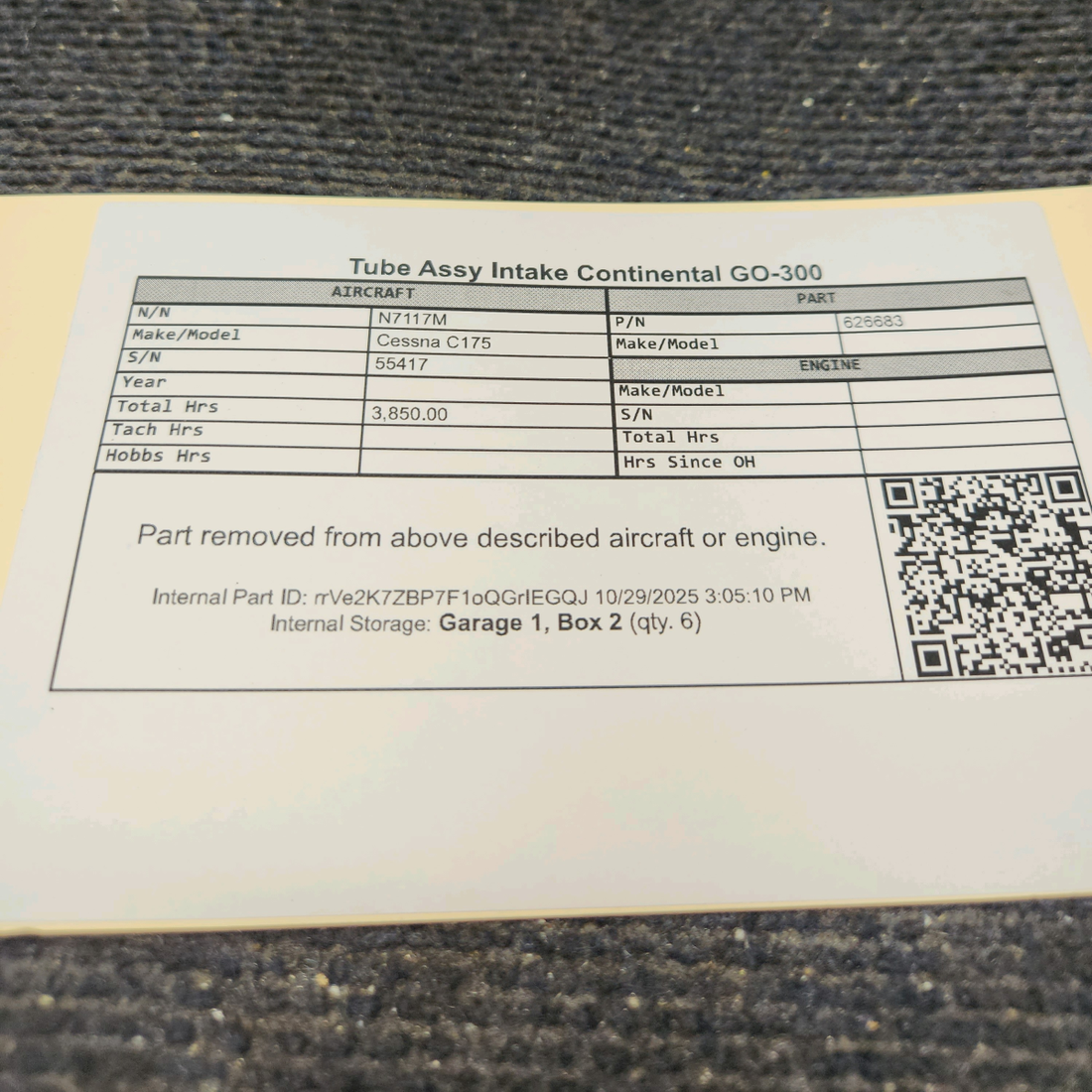 Used aircraft parts for sale, 626683 Continental GO-300 Cessna C175 Tube Assy Intake