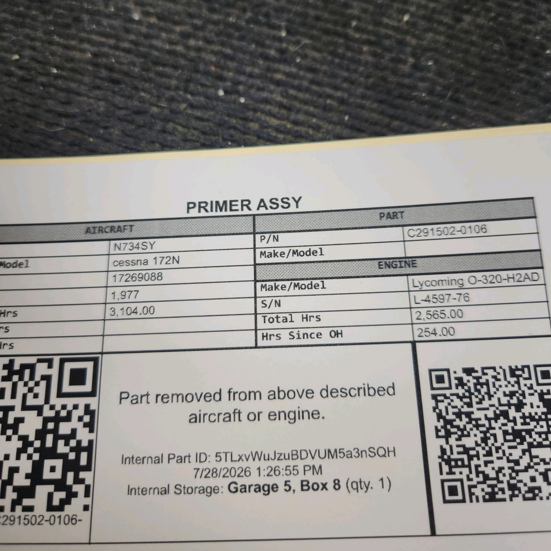 Used aircraft parts for sale, C291502-0106 cessna 172N Primer Assembly