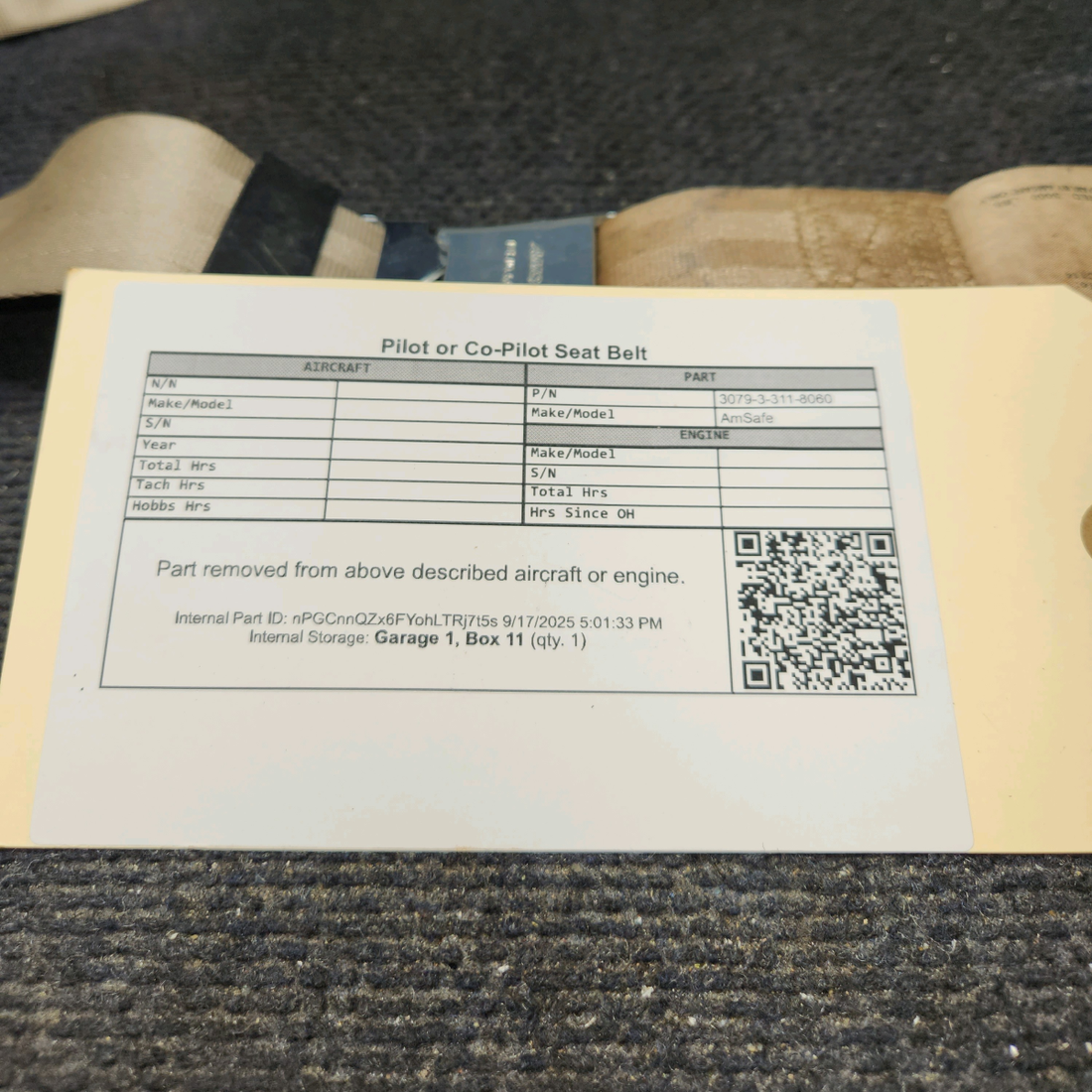 Used aircraft parts for sale, 3079-3-311-8060 AmSafe Beechcraft 95-55B Pilot or Co-Pilot Seat Belt