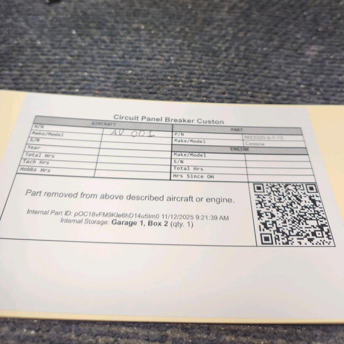 Used aircraft parts for sale, MS3320-5-7-10 Cessna 150J Circuit Panel Breaker Custon